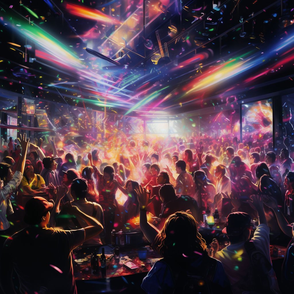 An energetic crowd dancing in a luminous Gangnam nightclub.