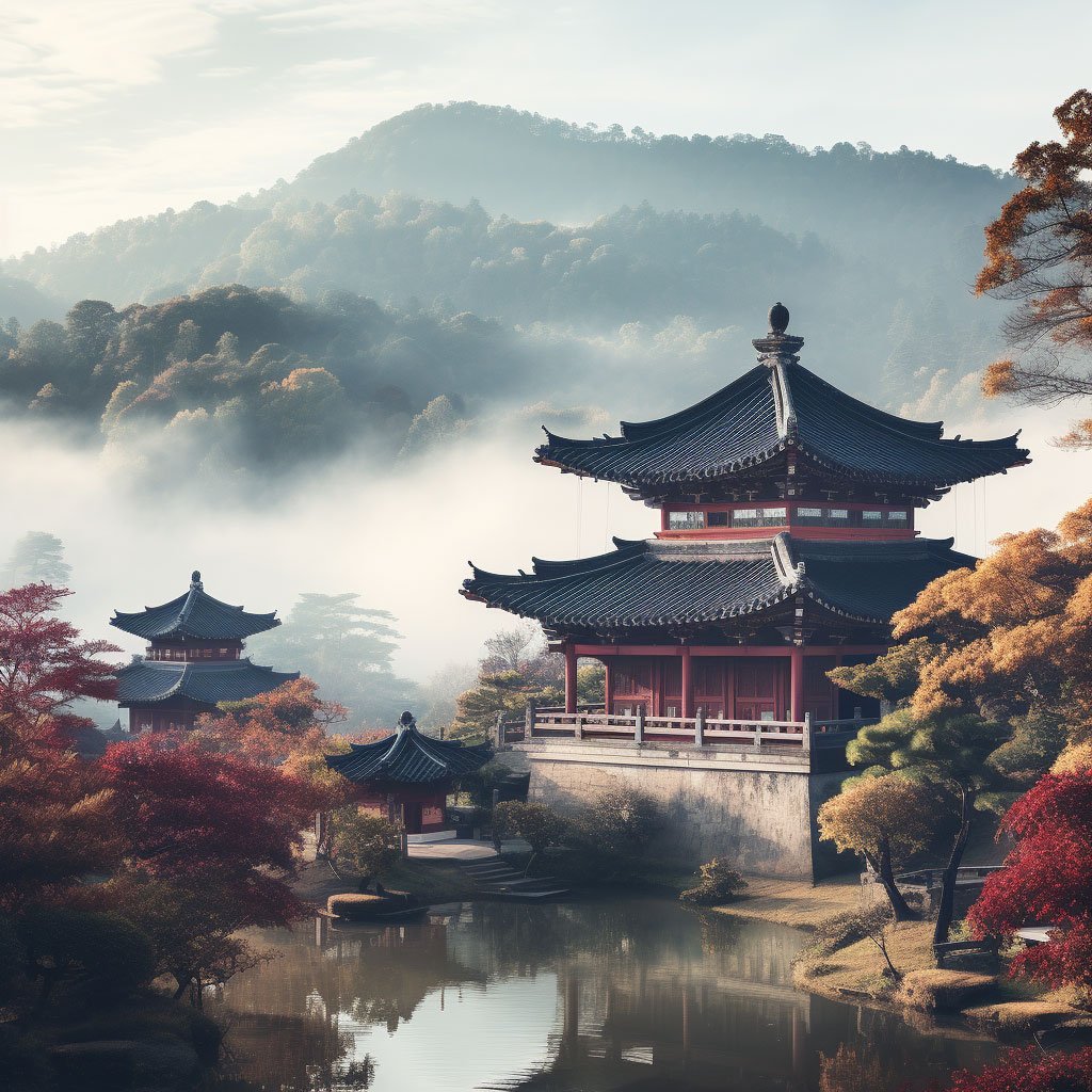 An exterior shot of a beautiful and serene Korean Buddhist temple with misty mountains in the backdrop.