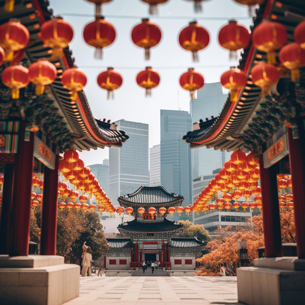 An iconic shot of the grand entrance to Gyeongbokgung Palace with traditional Korean lanterns hanging overhead and modern skyscrapers looming in the background.