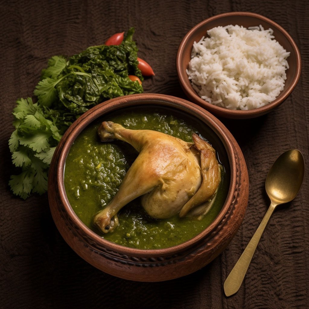 An image of a bowl of molokhia, a deep green soup, served alongside rice and maybe a piece of roasted chicken or rabbit, which are common accompaniments.