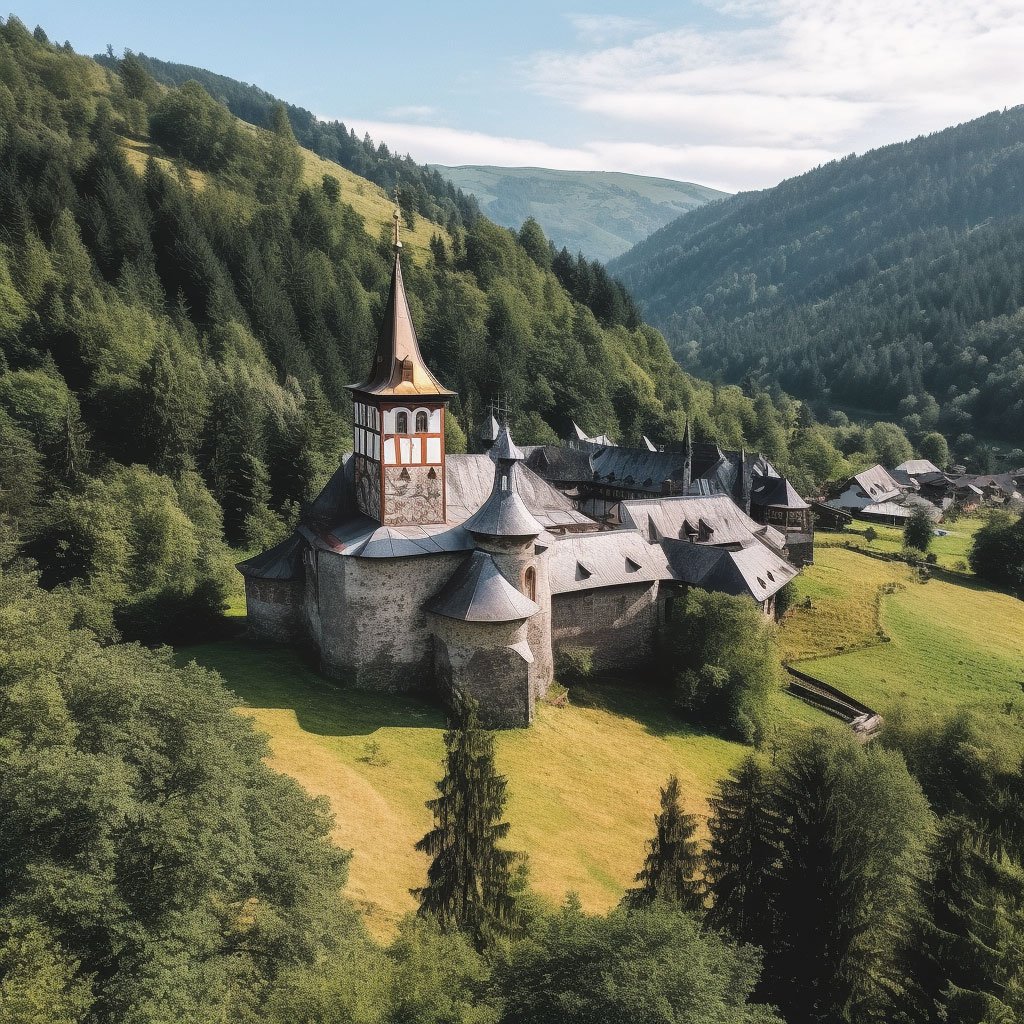 An image showing one of the monasteries nestled in the lush Bucovina landscape.