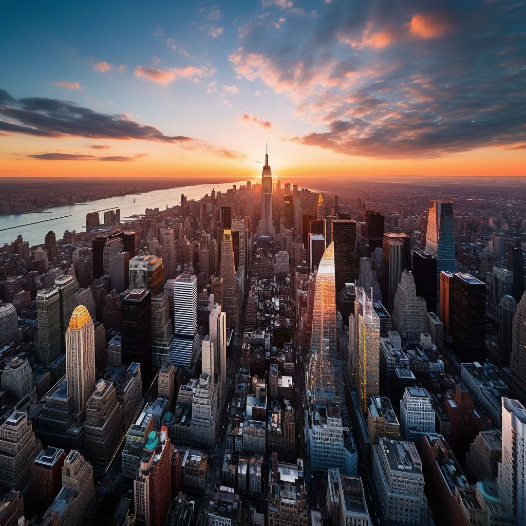 An impressive aerial view of the New York City skyline at sunset, showcasing iconic skyscrapers like the Empire State Building, One World Trade Center, and the Chrysler Building. 