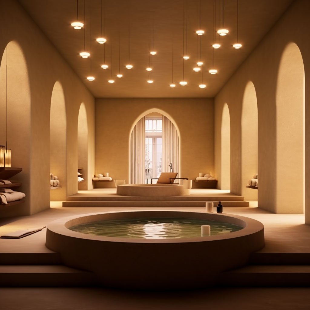An inside view of a luxurious spa in Paris.