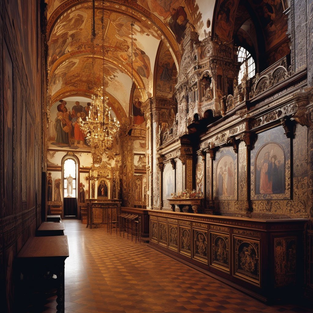 An interior shot of one of the monasteries, with a focus on the iconostasis or ornate altar screen.