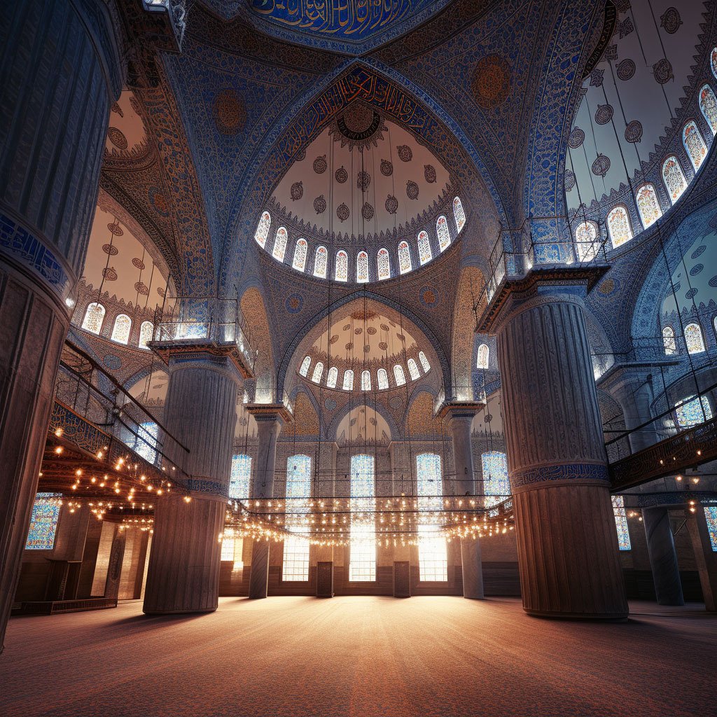 An interior shot of the Blue Mosque showcasing the intricate tile work.