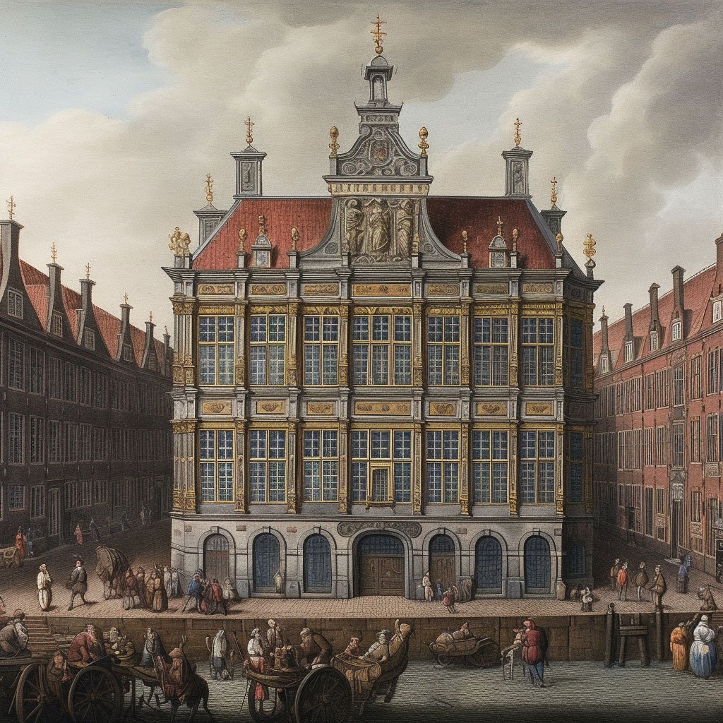 An old drawing or painting of the VOC headquarters in Amsterdam.