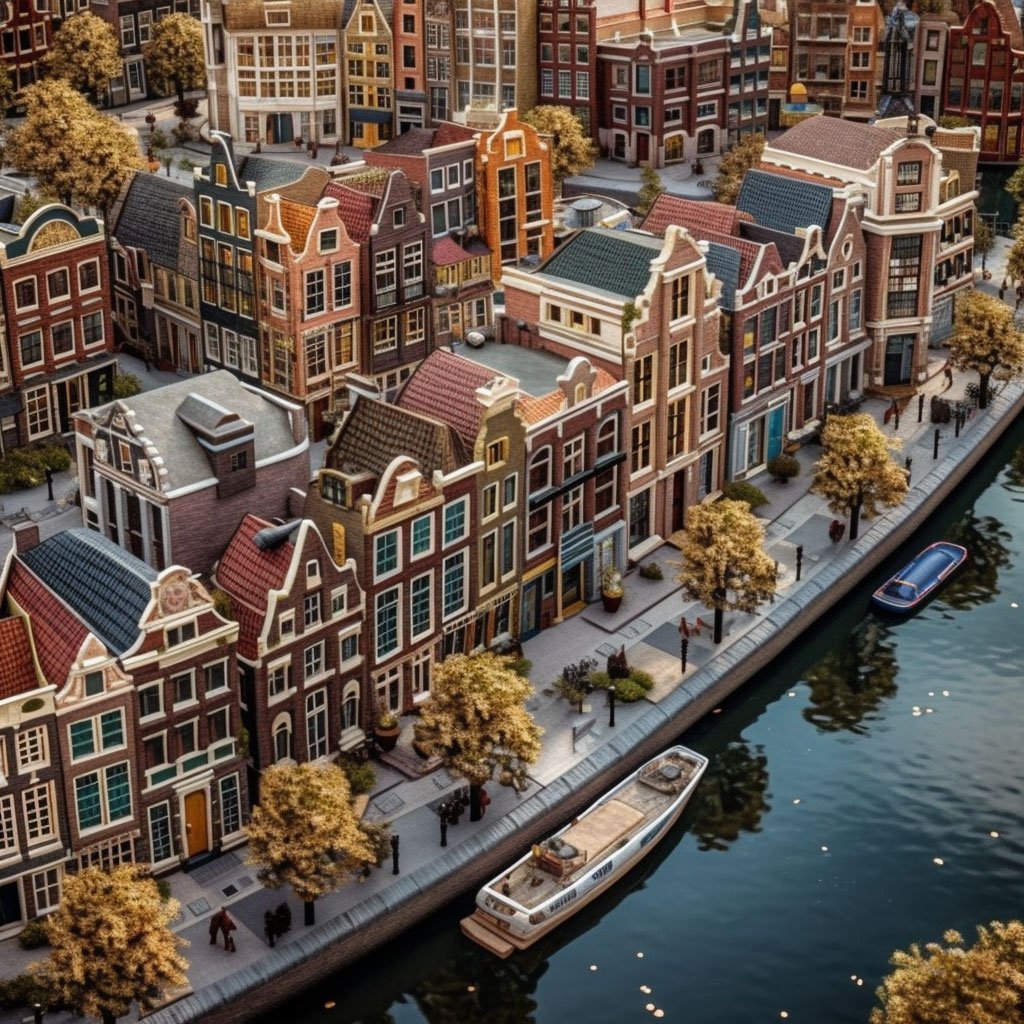 An overview shot of the Amsterdam canals, reminiscent of its trading history.