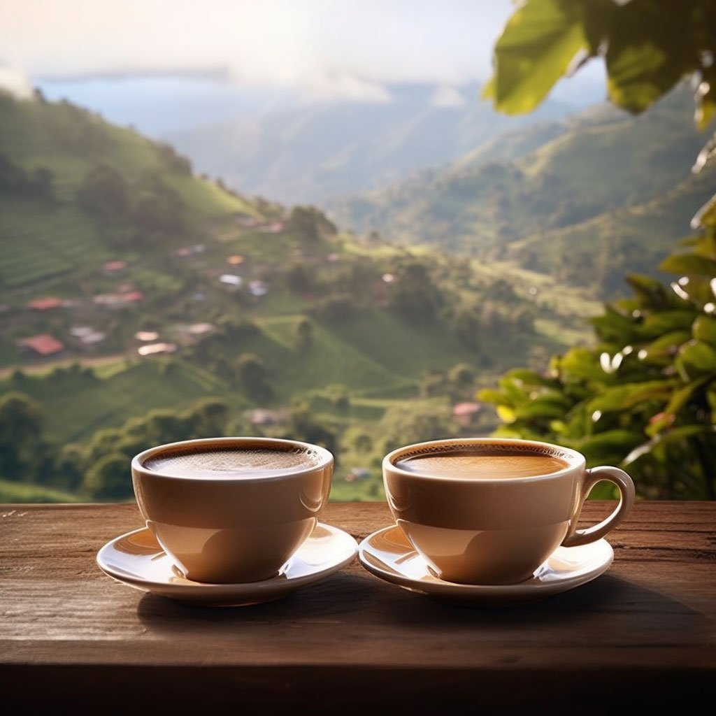 Beautiful shots of freshly brewed Colombian coffee in cups, possibly with scenic views of the plantation or landscape in the background.