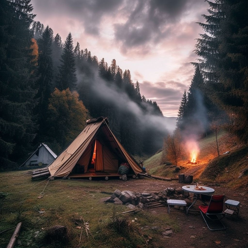 Camping spot or a mountain lodge in the Carpathian Mountains.