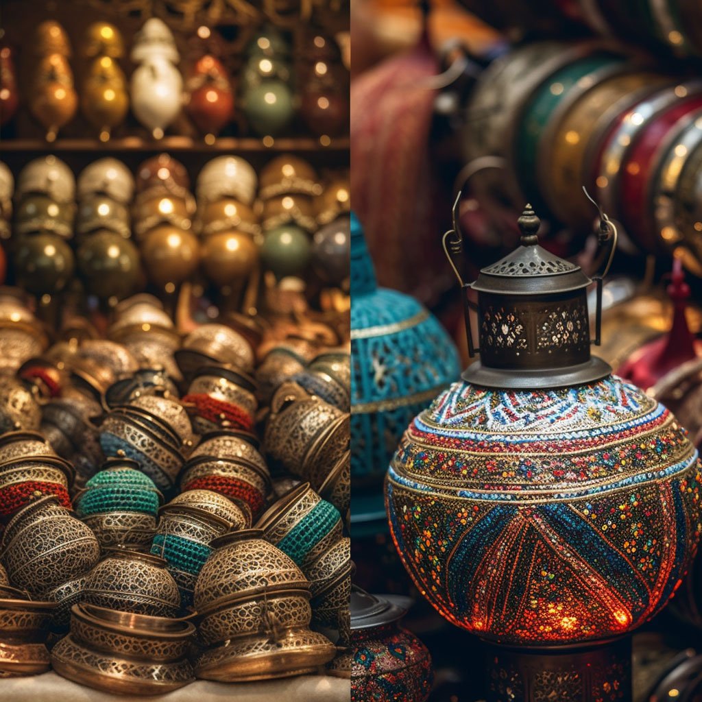 Close-up images of different bazaar items like colorful lanterns, intricate carpets, spices, ceramics, and jewelry.