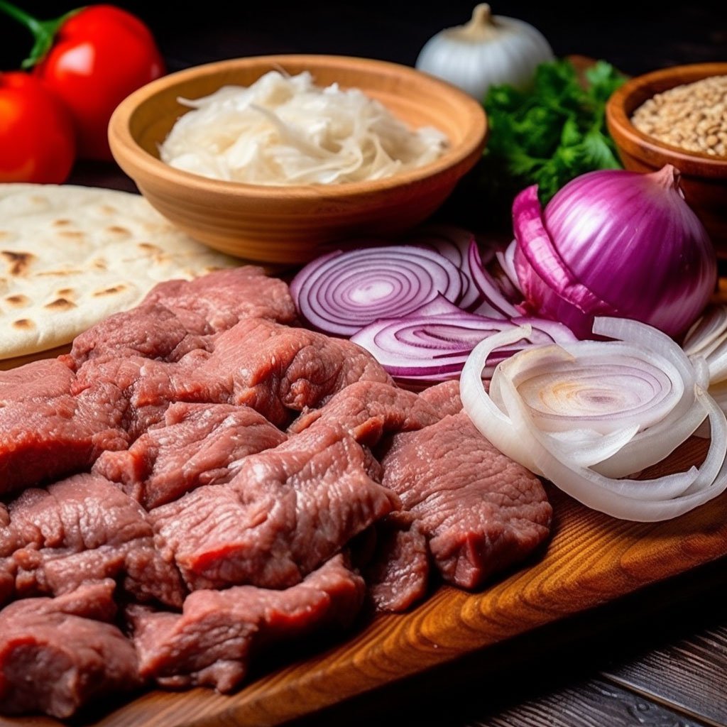 Close-up of beshbarmak's ingredients - boiled meat, onions, and dough.