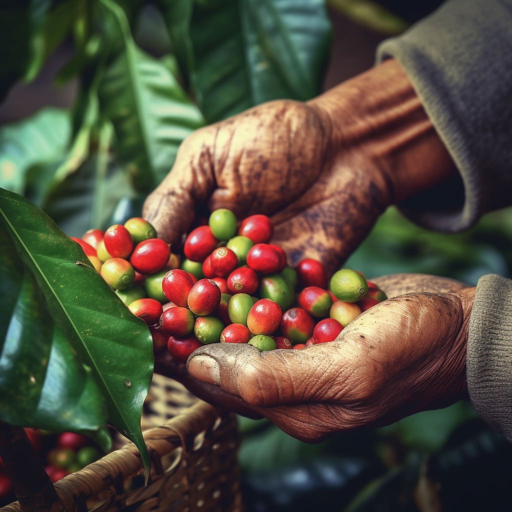 Close-up shots of coffee plants with ripe coffee cherries, or images of coffee workers handpicking cherries in a plantation.