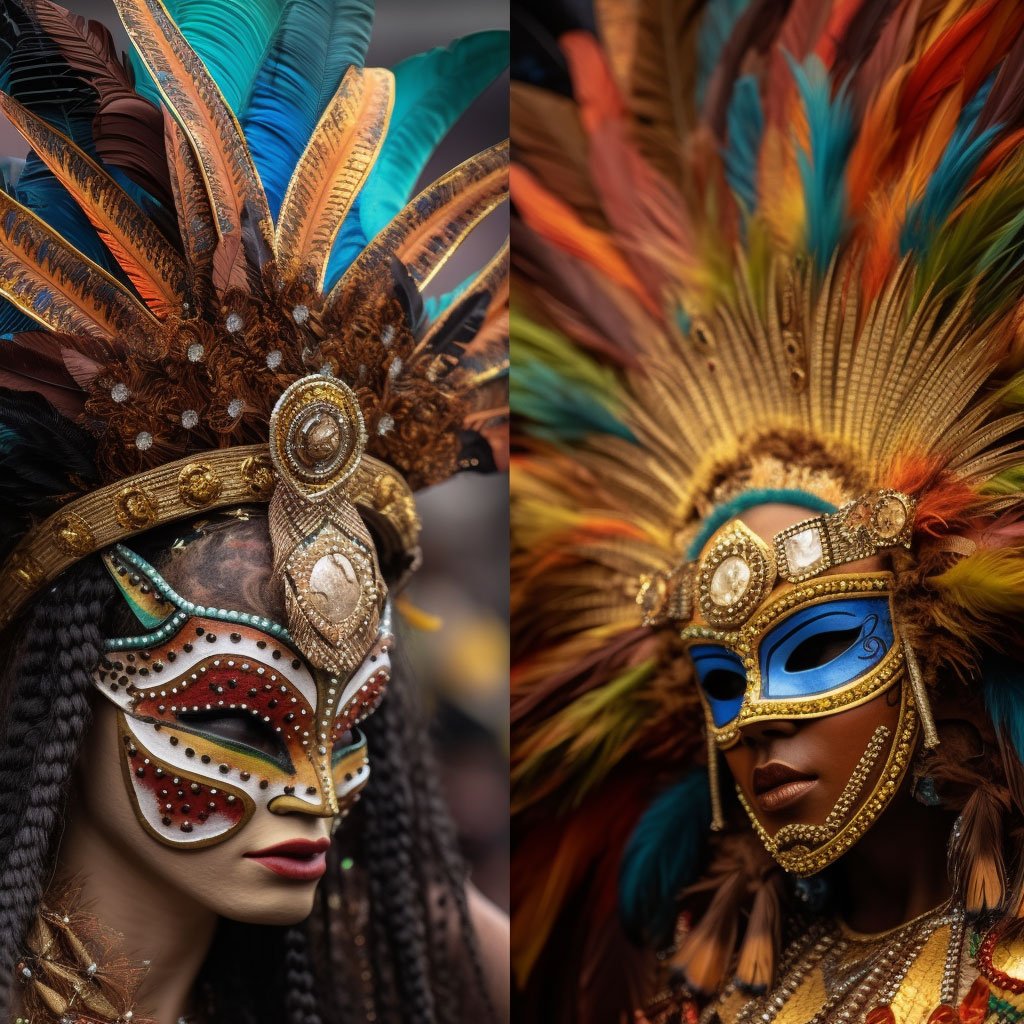 Close-up shots of the diverse and intricate costumes used in the Carnival, highlighting the details and craftsmanship.