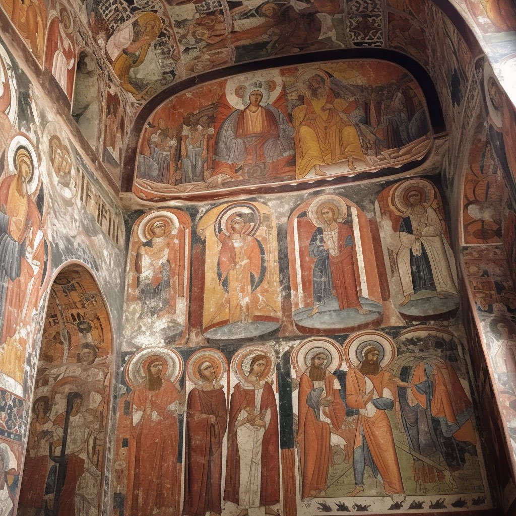 Close-up view of the intricate frescoes on one of the monasteries.