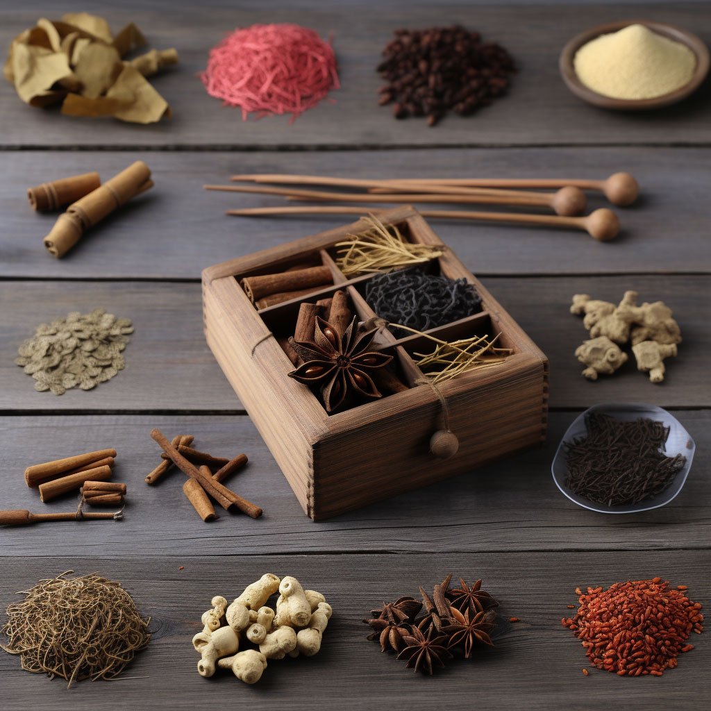 Collage of Chinese herbs, acupuncture, Tai Chi, and tea leaves.