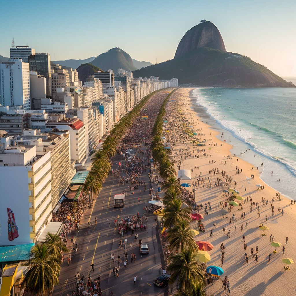 A vibrant shot of Copacabana beach, showcasing the iconic promenade, the beach activity, and the Sugarloaf mountain in the background.
