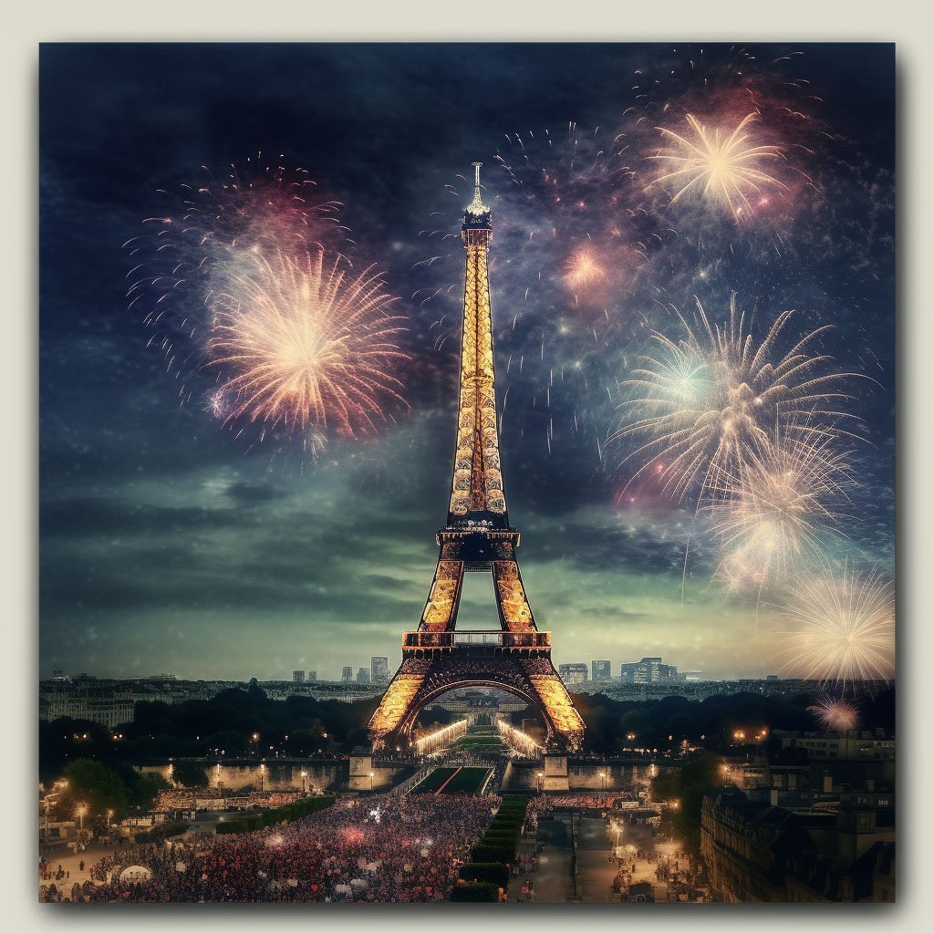 Fireworks over the Eiffel Tower on Bastille Day.