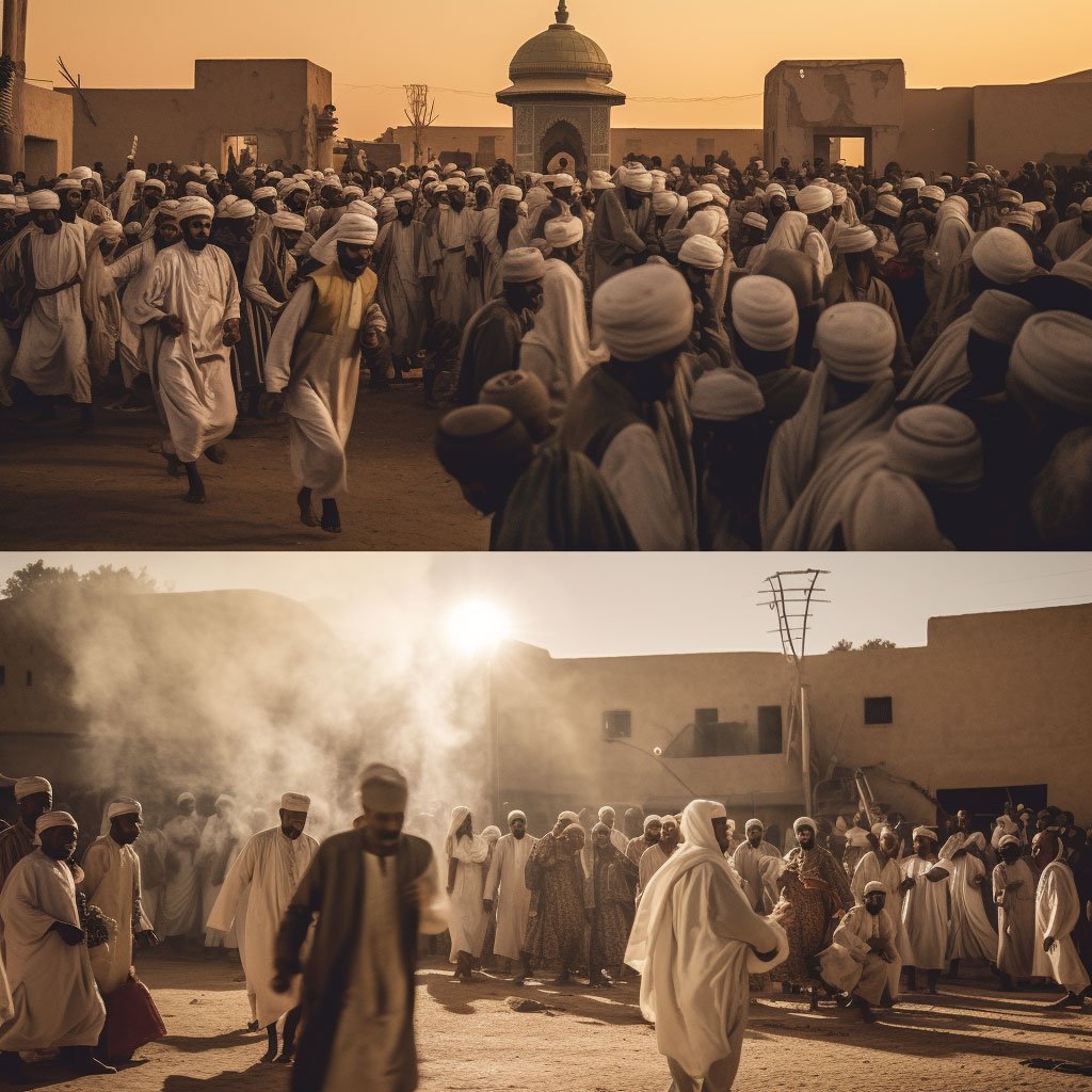 Images from the Moulid of Sayyid Ahmed al-Badawi festival, showing the crowd, dancers, musicians, and other festivities.