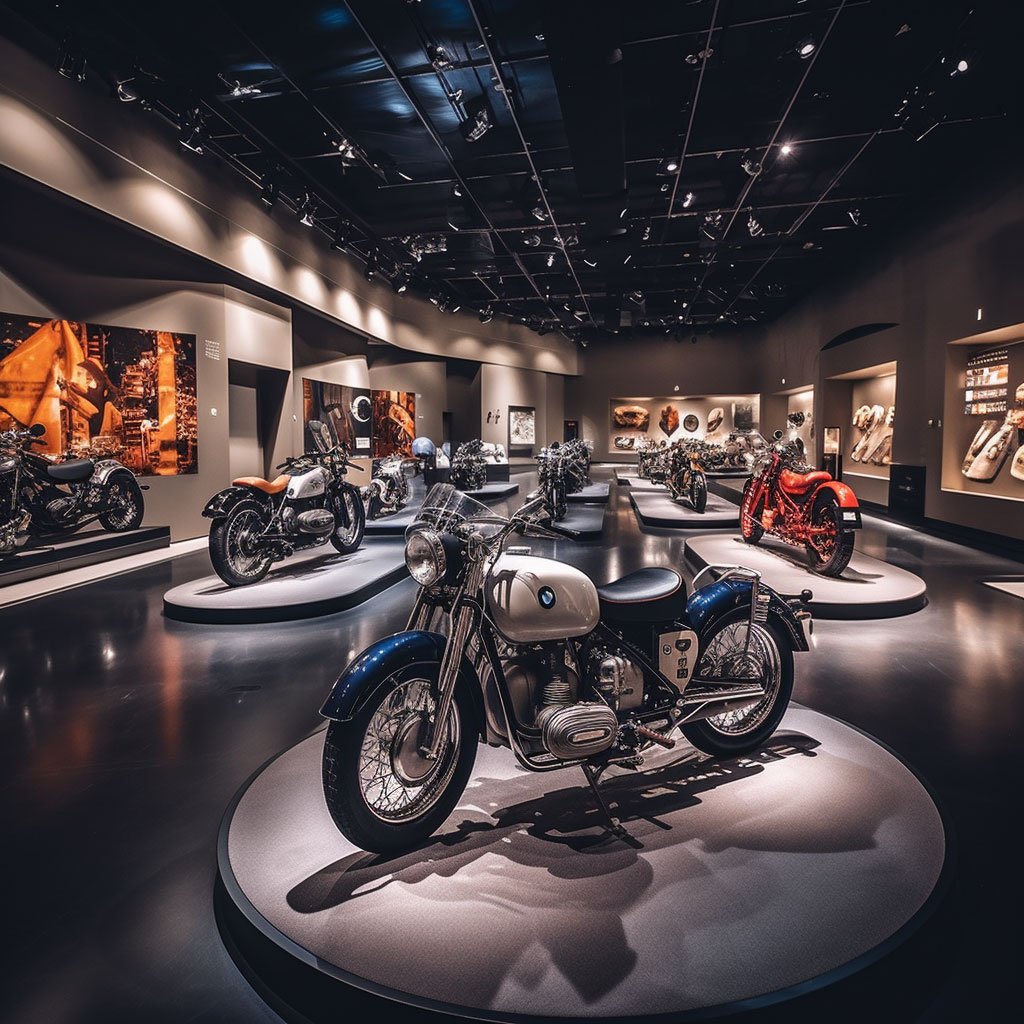 Inside the BMW Museum, with a variety of BMW cars and motorcycles on display.
