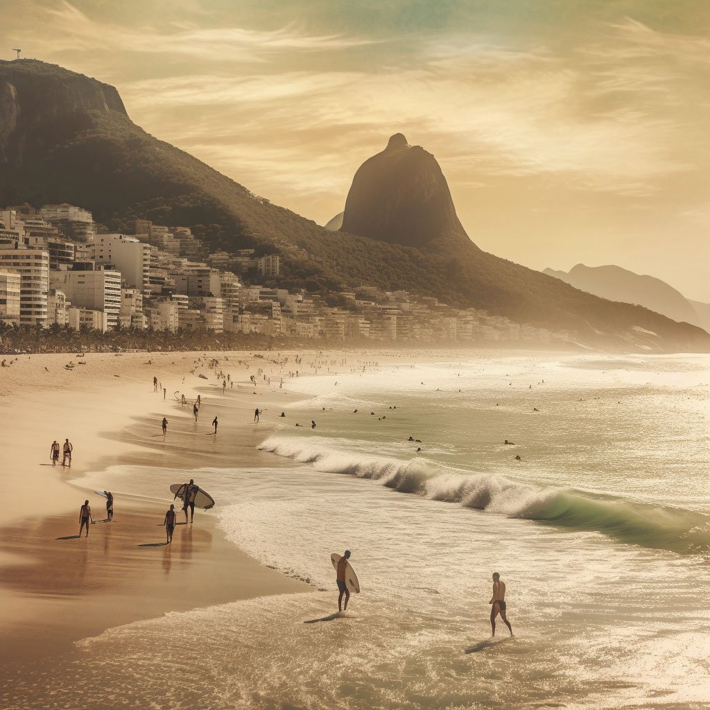 An image capturing the beauty of Ipanema beach, with the Dois Irmãos mountains in the backdrop and possibly surfers riding the waves.