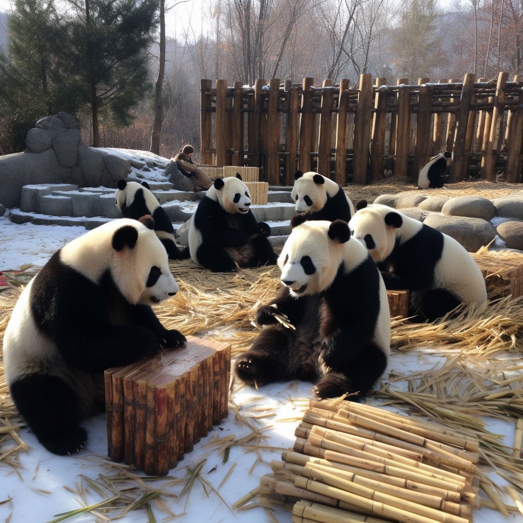 Pandas playing in the outdoor area of Bifengxia Panda Base.
