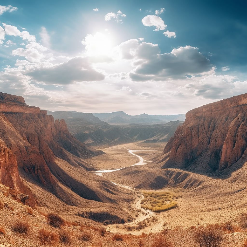 Panoramic view of the diverse landscapes in Kazakhstan, showcasing mountains, a desert, and a canyon.