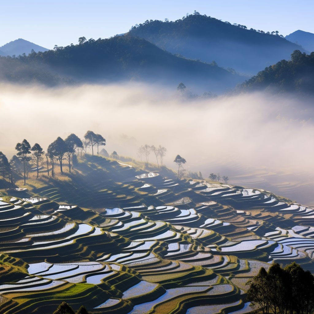 Panoramic view of the terraced rice fields in Yuanyang, Yunnan Province.