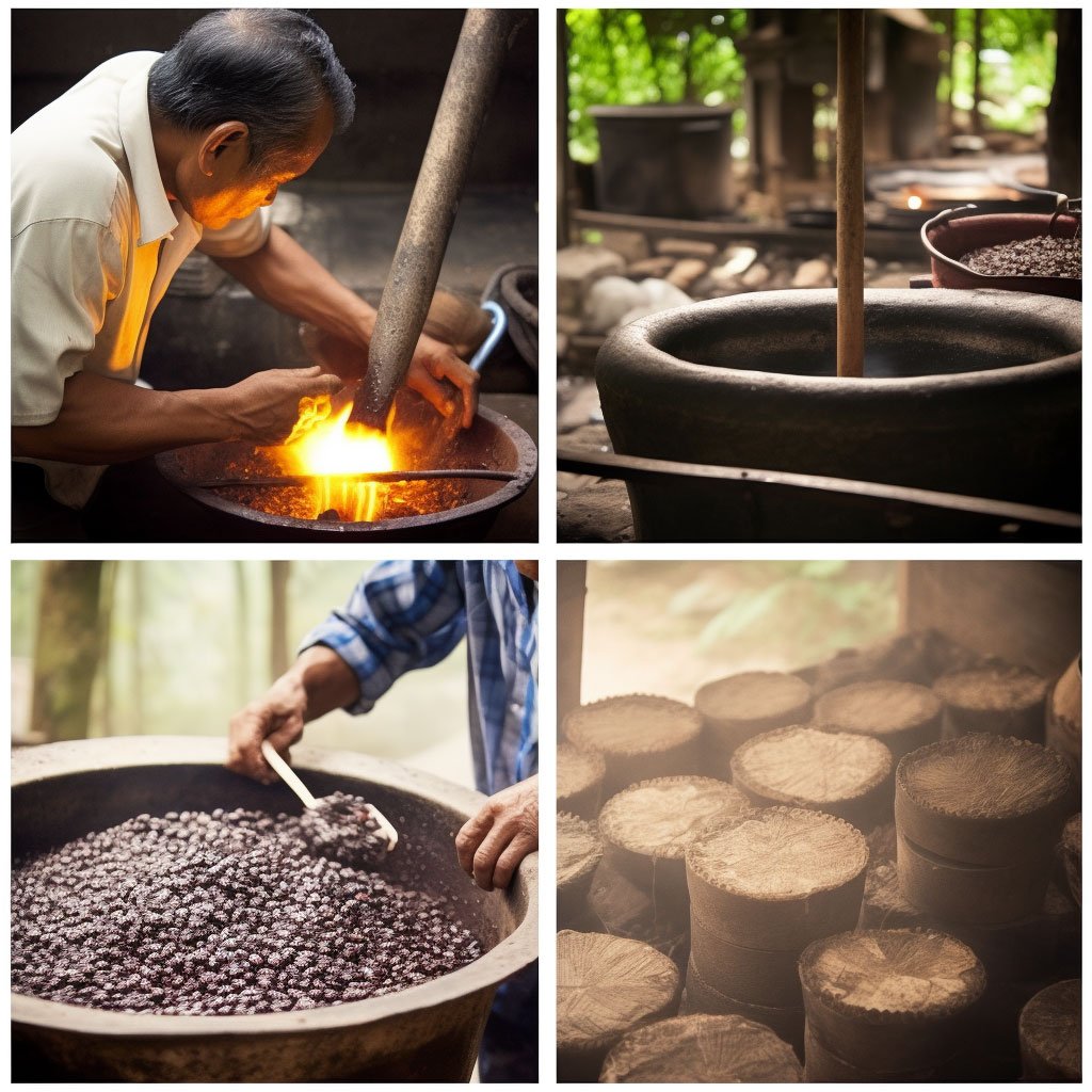 Photos depicting the process of coffee making, such as the washing, drying, or roasting of coffee beans.