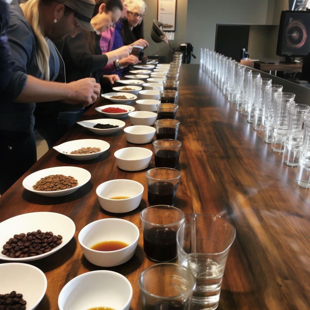 Pictures of a coffee tasting session in progress, showing various coffee samples, a cupping spoon, and possibly people in the act of smelling or tasting the coffee.