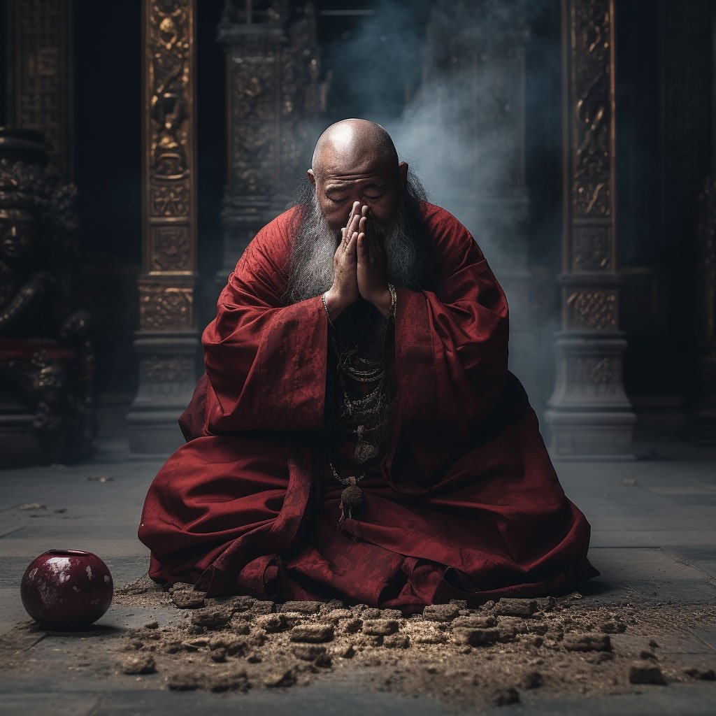 Someone wearing temple clothing performing a ritual of the 108 prostrations.
