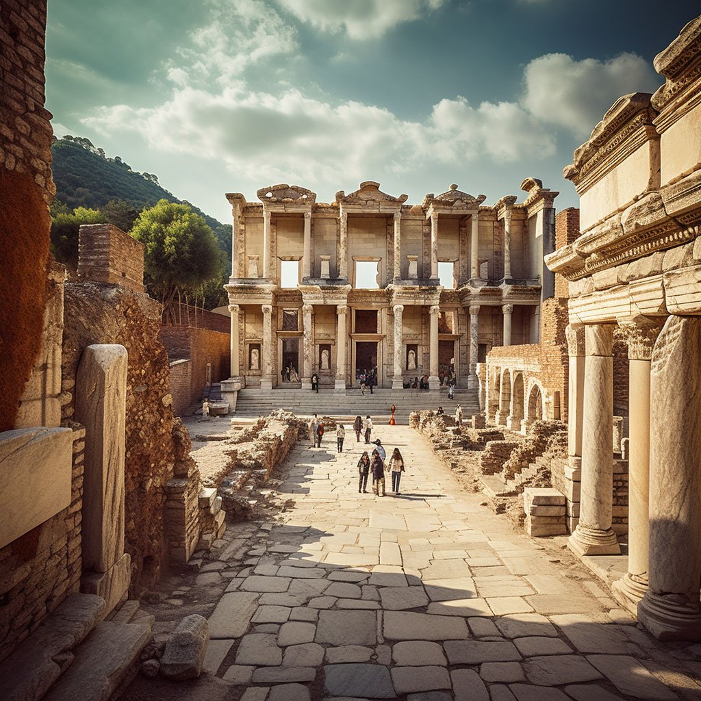 The Library of Celsus in Ephesus with visitors walking along the marble street.