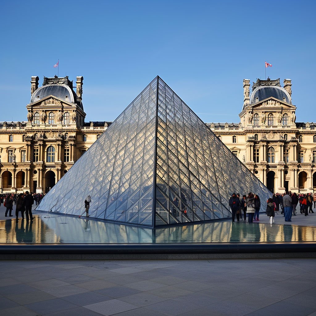 The Louvre Museum's iconic glass pyramid with the historic palace in the background.