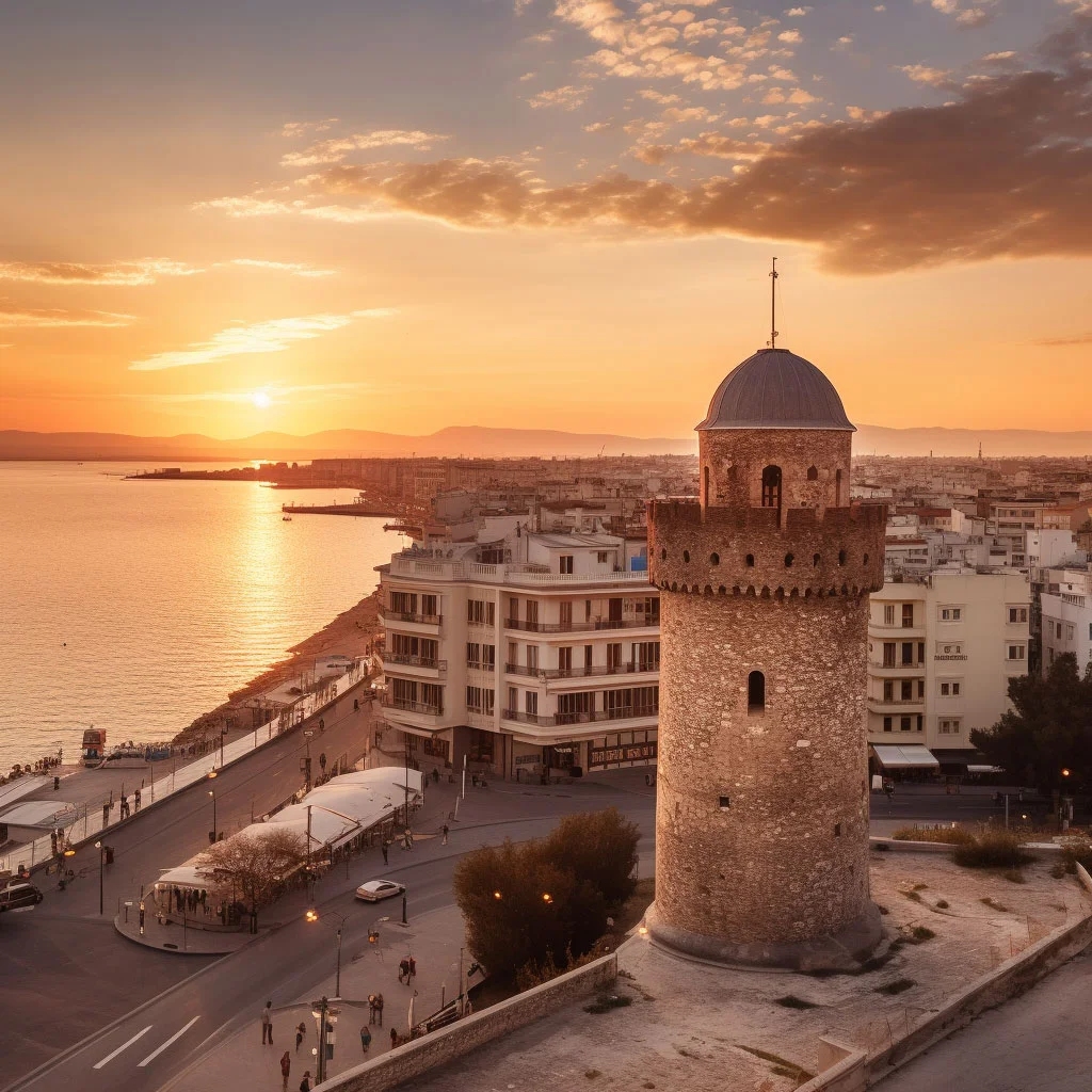 The city of Thessaloniki at sunset, with its White Tower in the foreground and Byzantine Walls visible in the distance.
