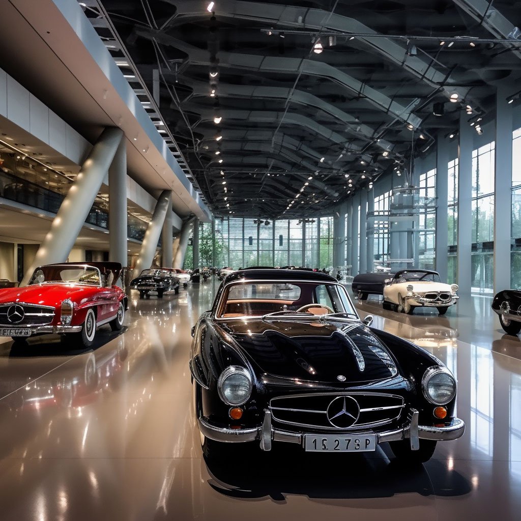 The interior of the Mercedes-Benz Museum, showing a collection of vintage and modern Mercedes-Benz cars.