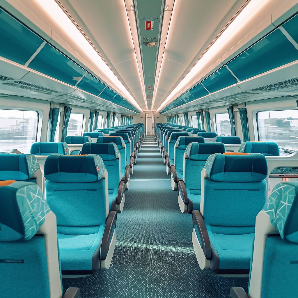 The spacious and comfortable interior of a high-speed train.