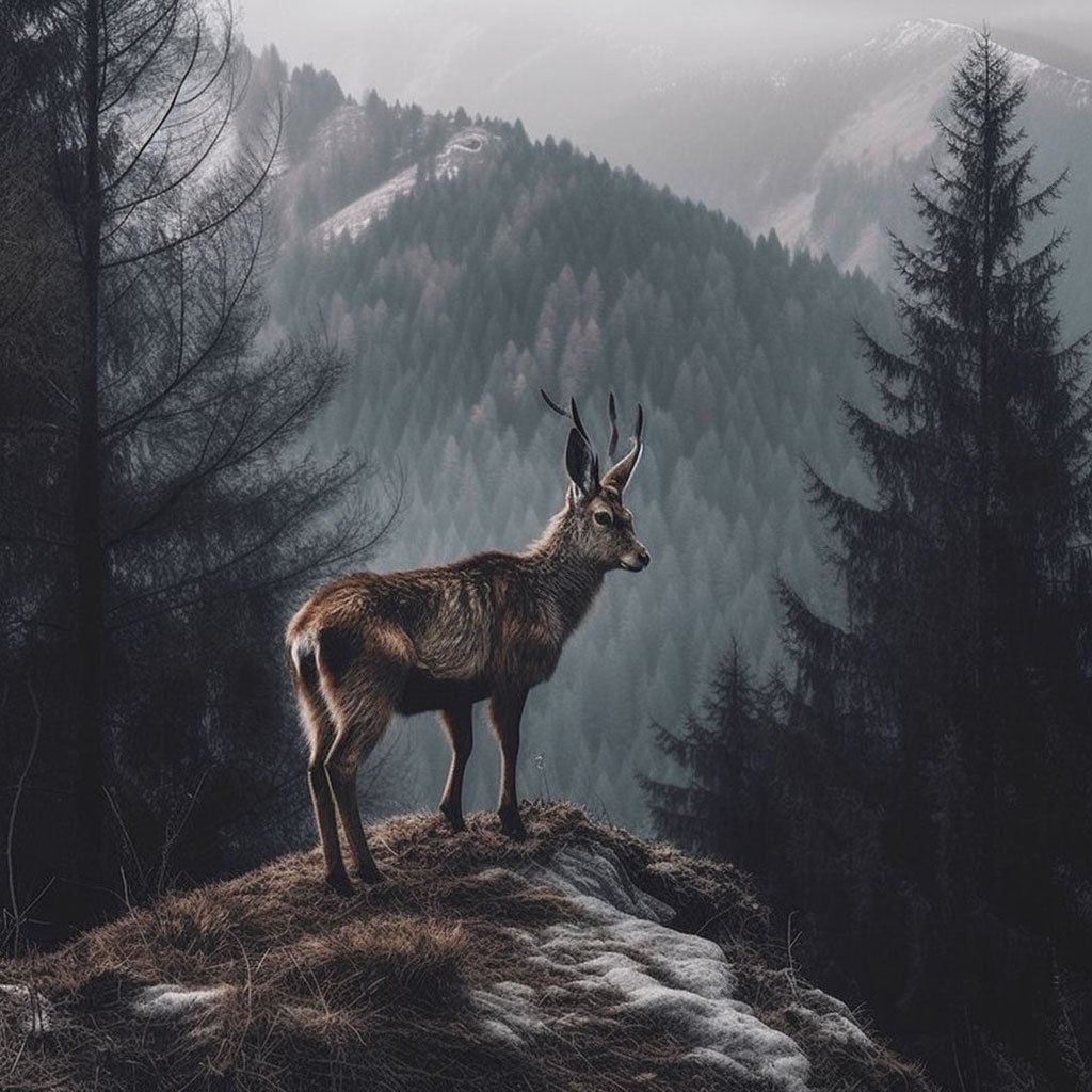 Wildlife in the Carpathian Mountains, such as a deer or a lynx.