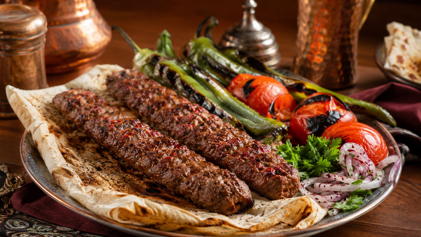 Adana kebab with grilled vegetables, lavash, sumac onions, parsley, and charred peppers