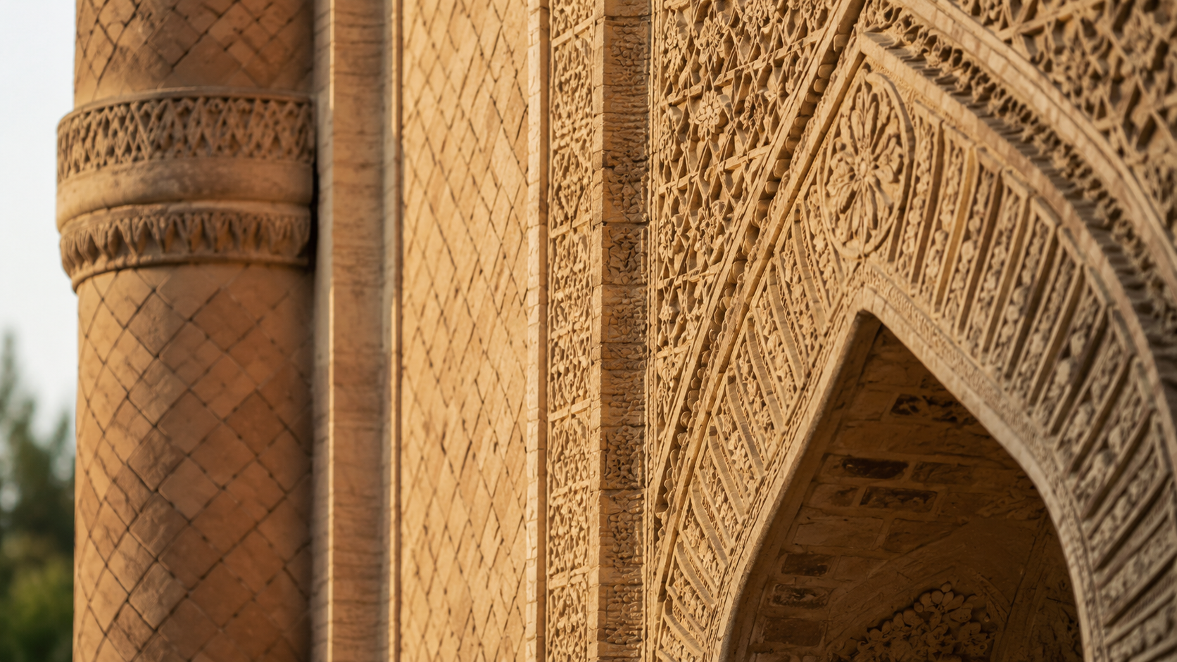 Silk Road cities: Close-up of terracotta patterns and carved surfaces at Aisha Bibi Mausoleum.
