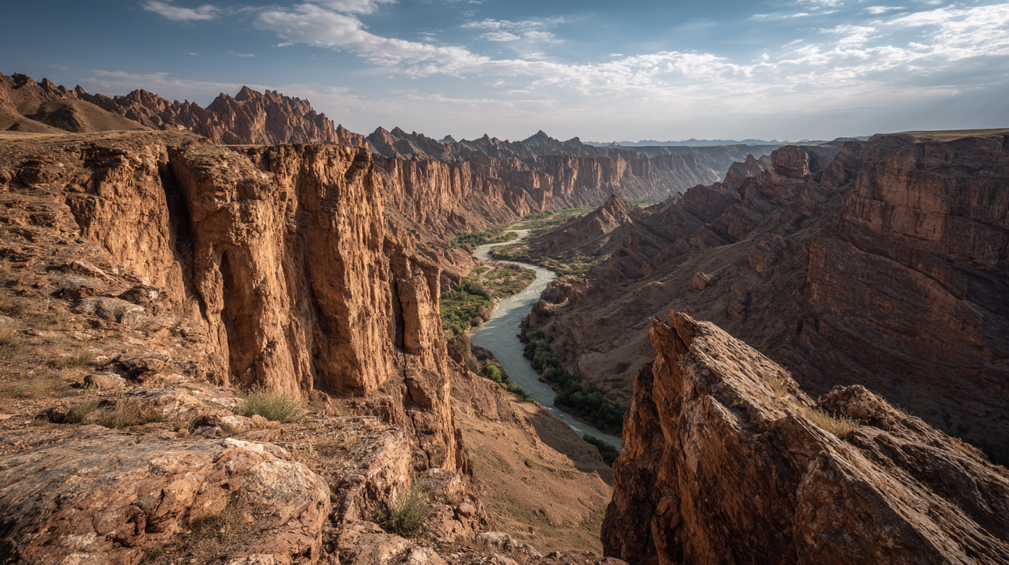 Wide view of Aksu Canyon with steep rock walls and river below.
