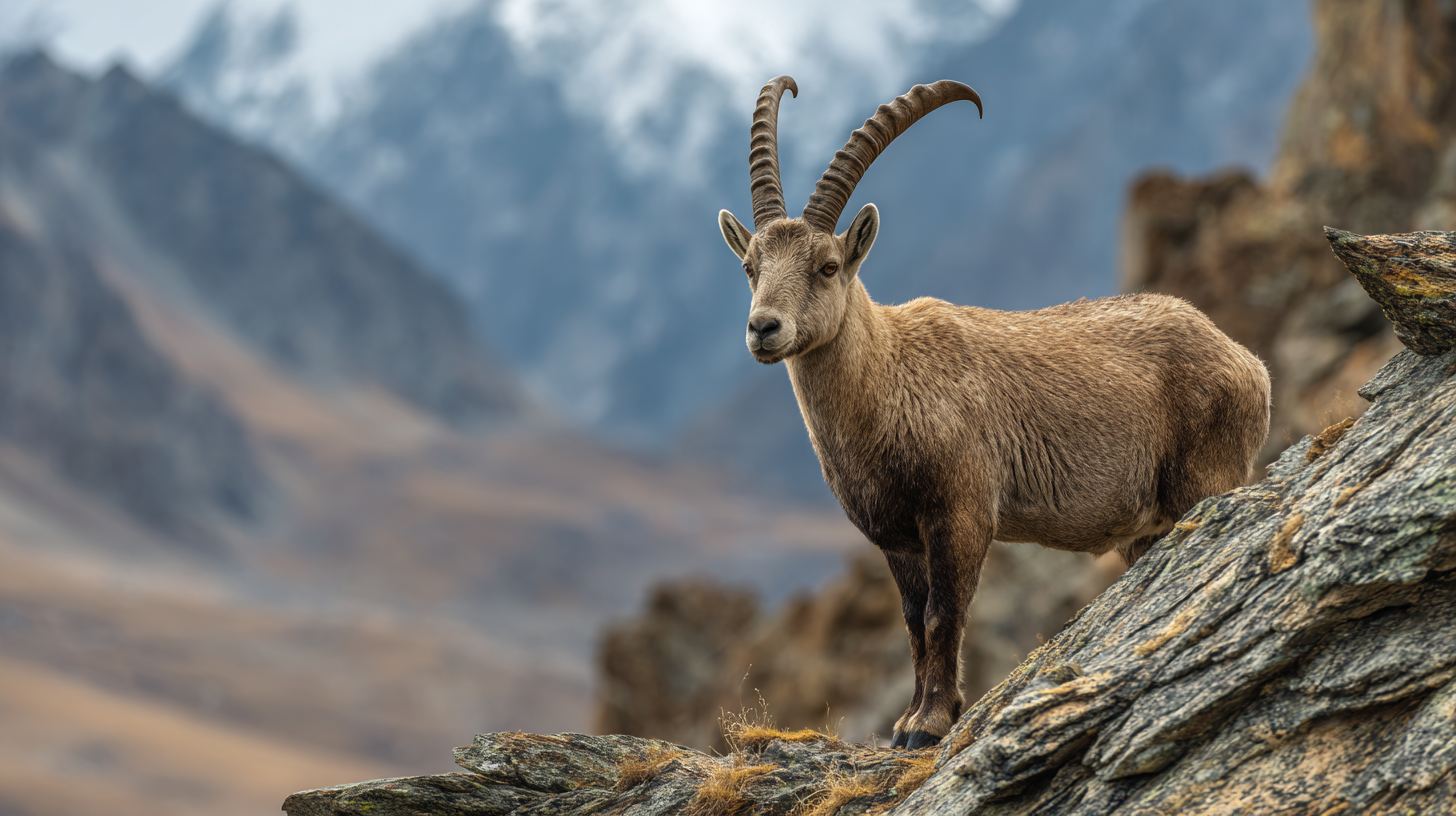 Ibex standing on a rocky slope in Aksu-Zhabagly Nature Reserve.