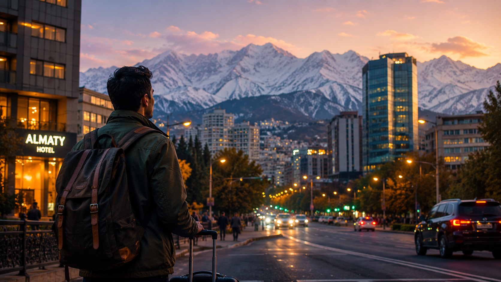 Almaty travel guide: Traveler arriving in Almaty with city lights, leafy avenue, and mountains behind.
