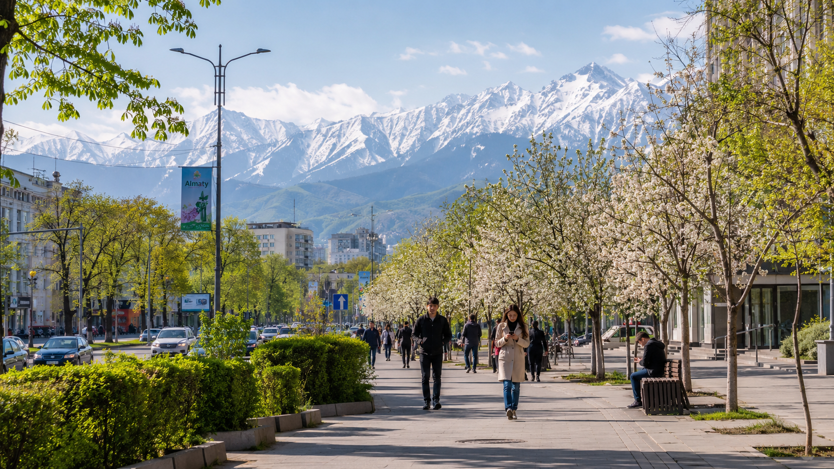 Almaty in spring with blossoming trees, leafy streets, and clear mountain views.