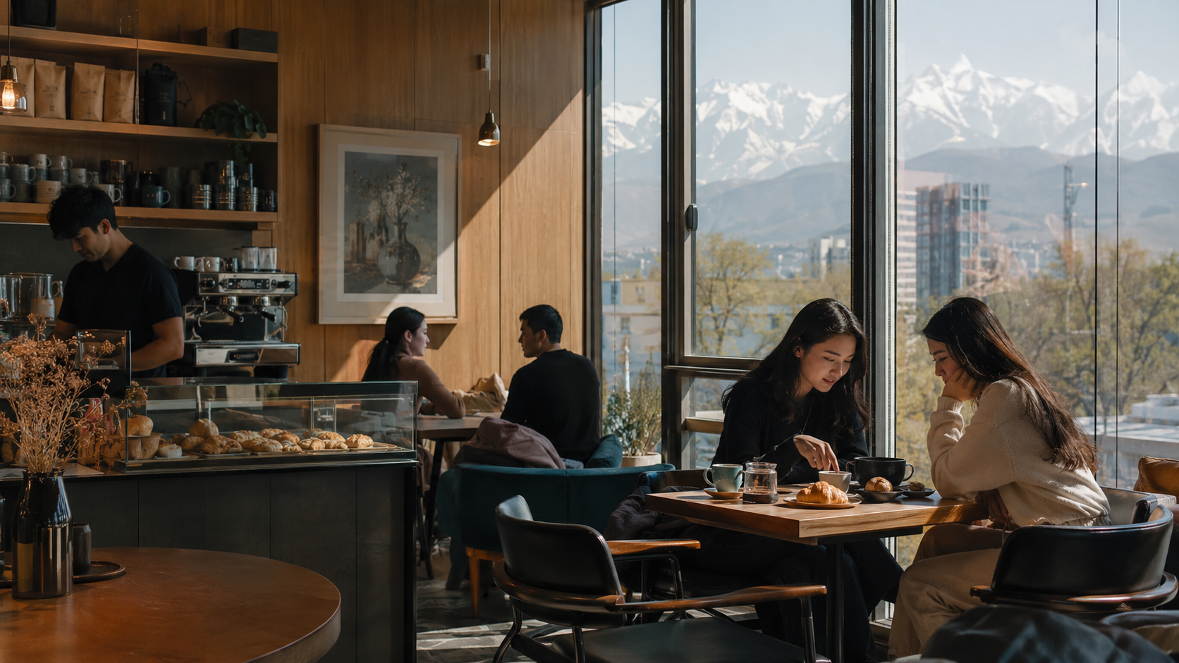 Stylish Almaty coffee shop with mountain light, pastries, and modern city atmosphere.