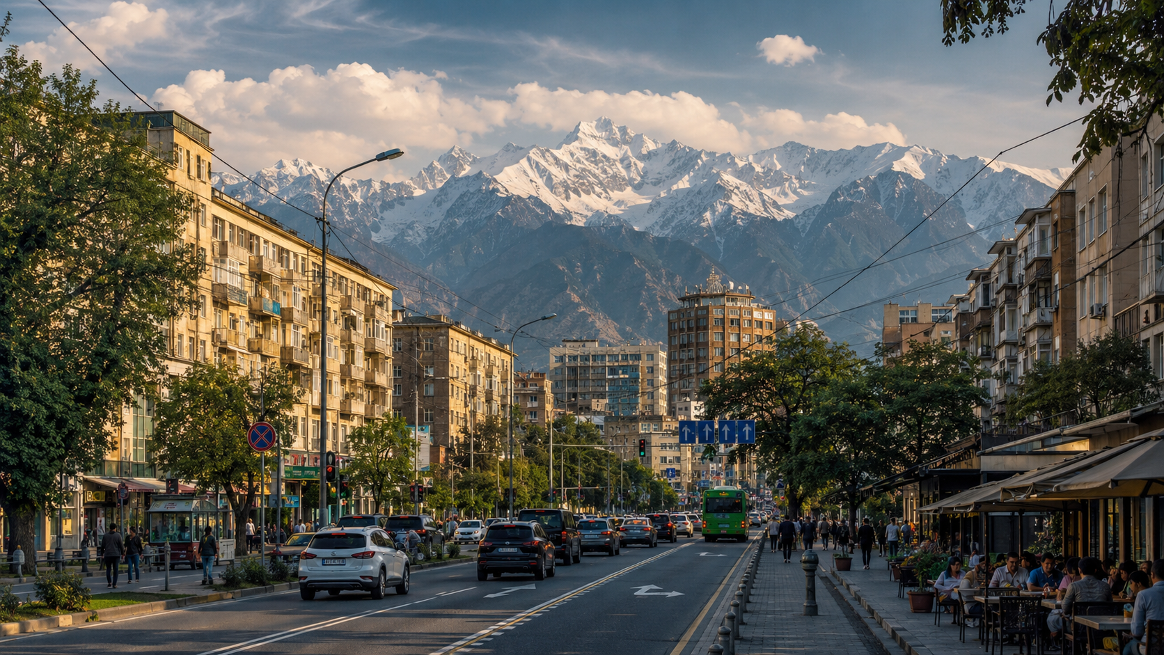 Almaty travel guide: Almaty street with everyday city life and snow-capped mountains at the end of the avenue.
