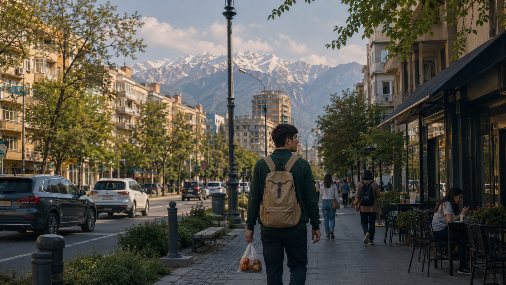 Traveler walking through Almaty after a market visit with mountains between buildings.