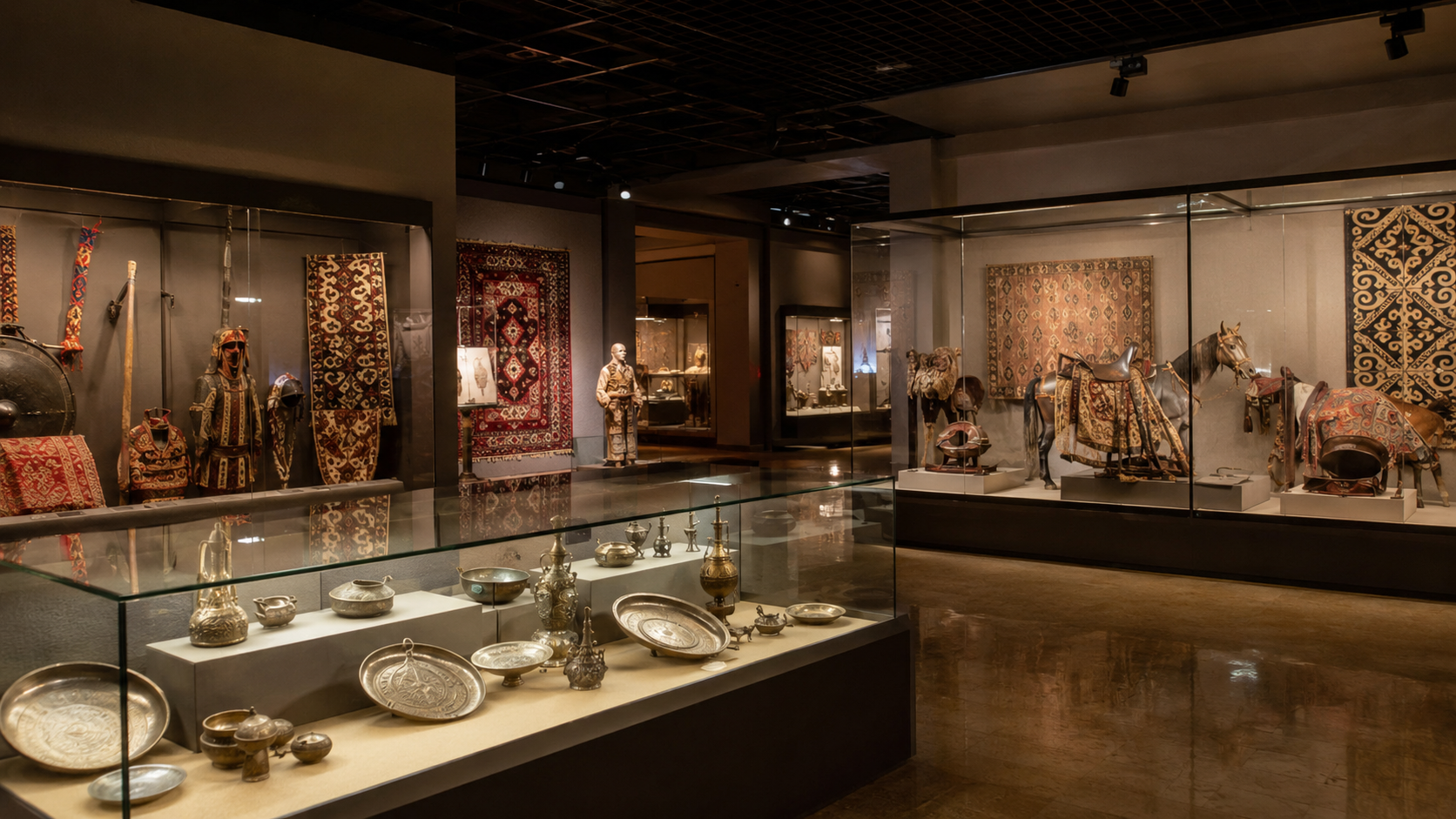 Almaty museum interior with Kazakh artifacts, textiles, and traditional objects.