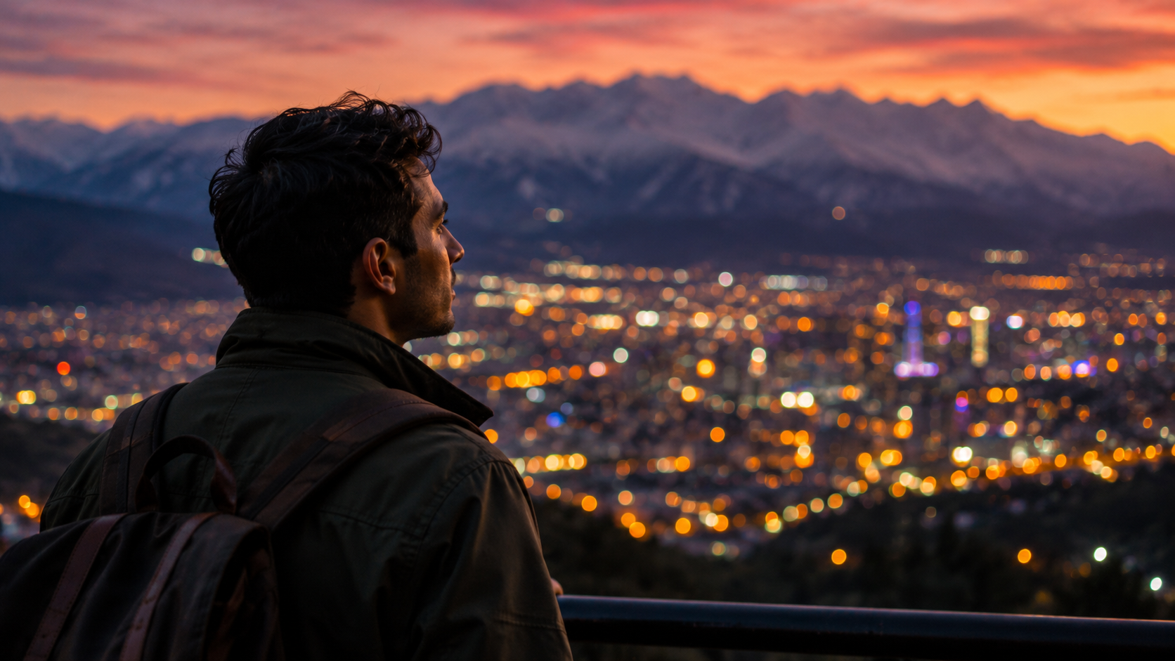 Almaty travel guide: Reflective traveler at the end of an Almaty day with city lights and mountains behind.