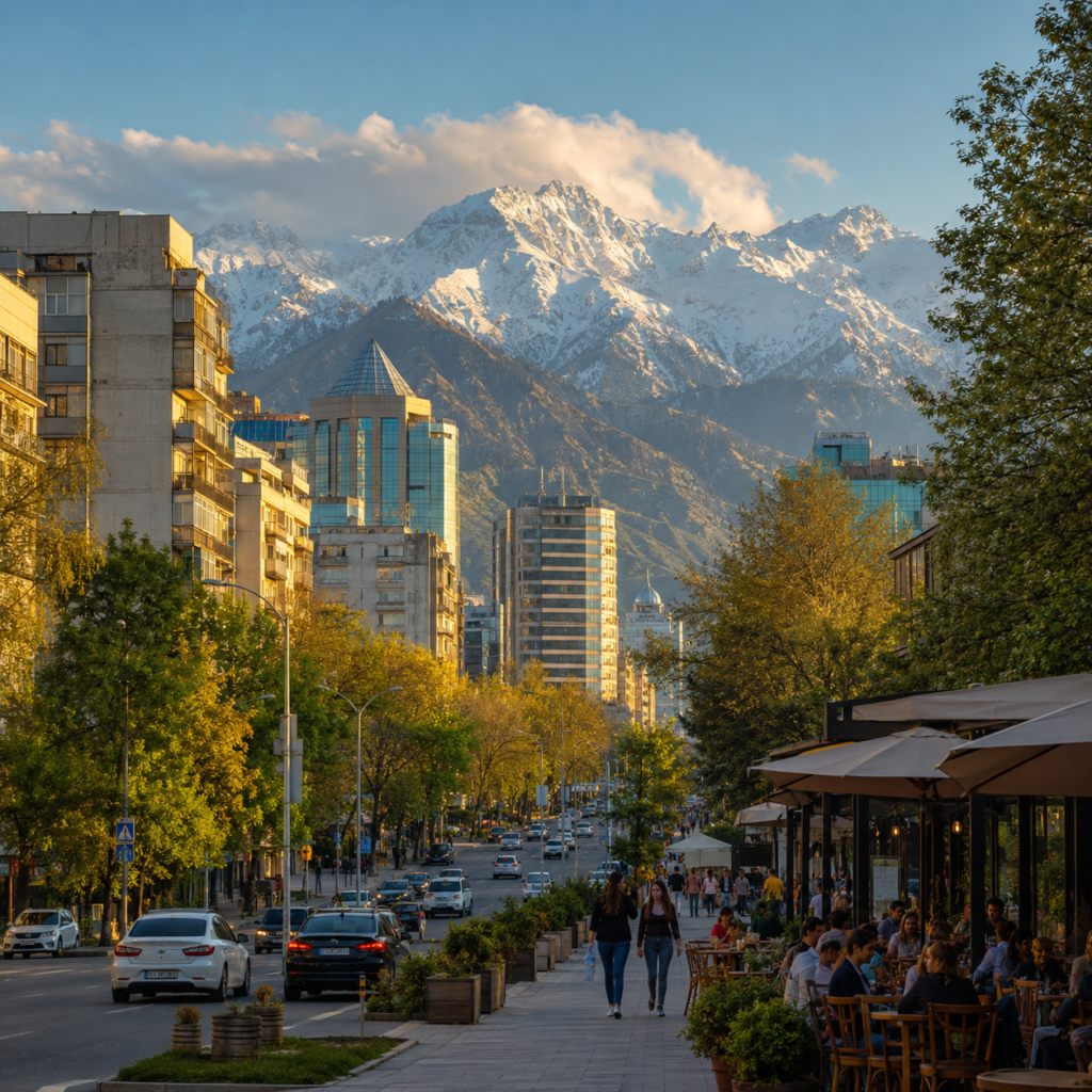 Almaty city with leafy streets, urban buildings, and snow-capped mountains behind.