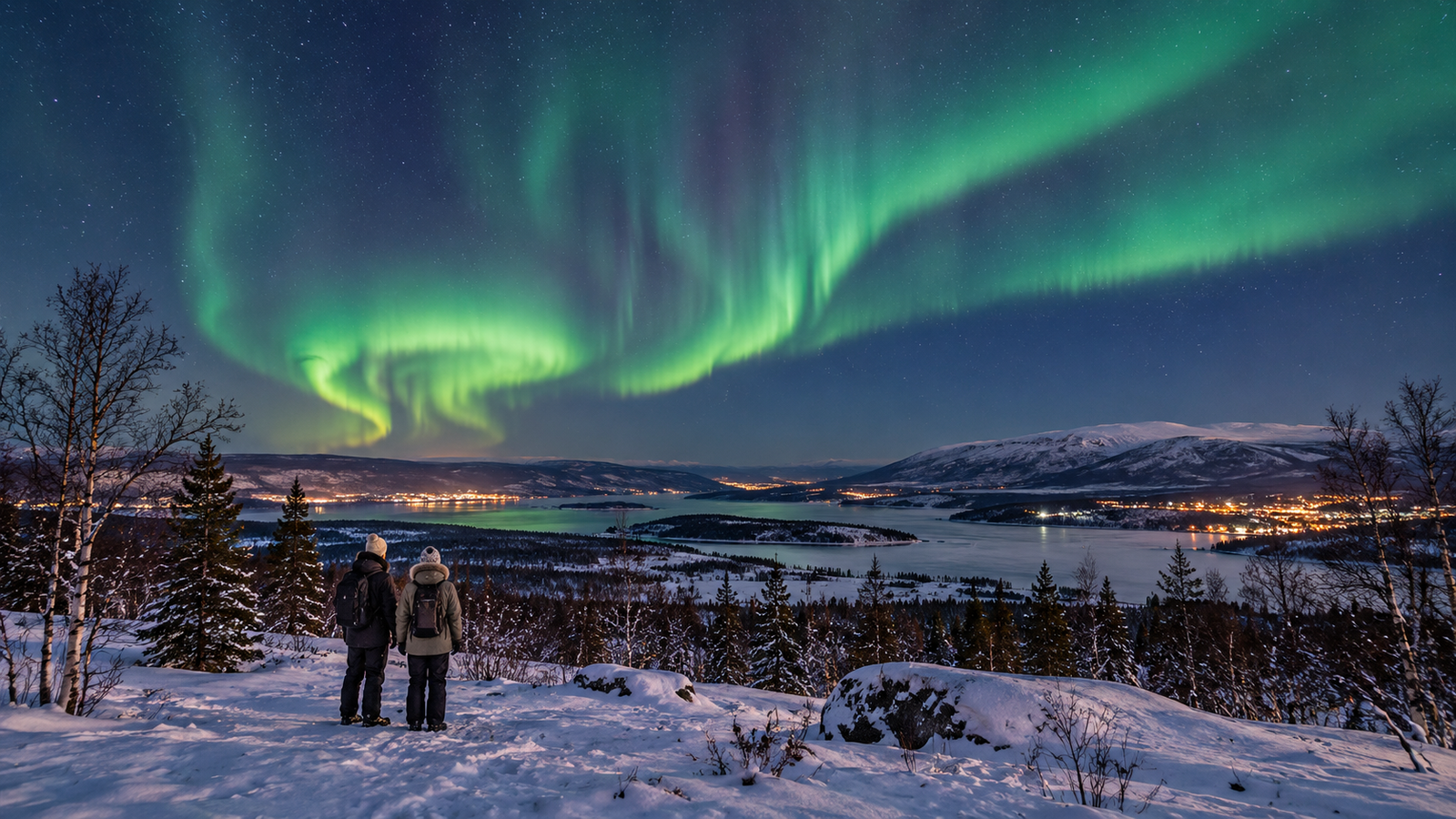 Travellers watching the northern lights in a snowy landscape inspired by Alta