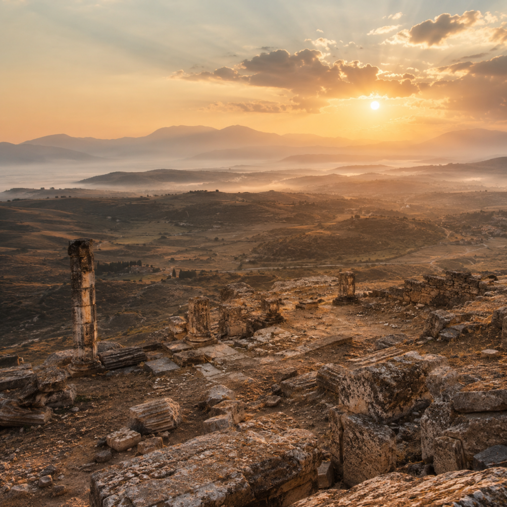 Ancient Anatolian ruins at sunrise with mountains in the background in Turkey